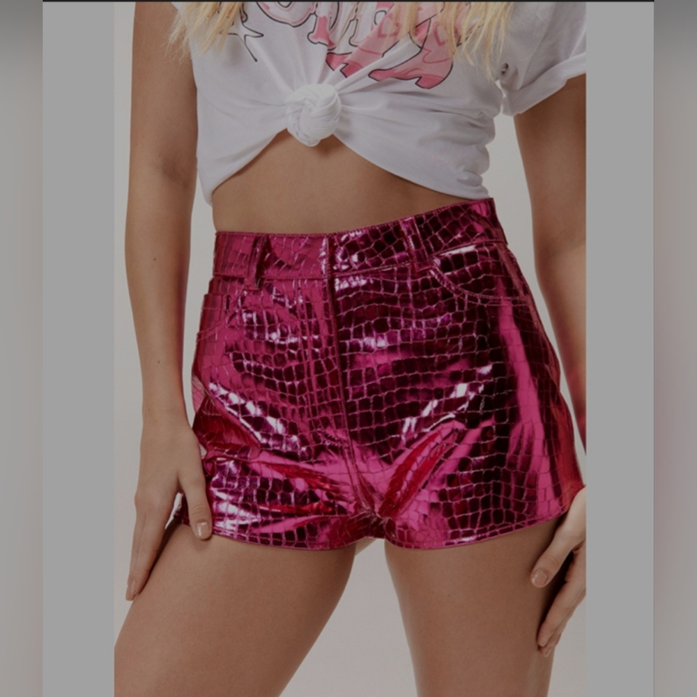 Nasty Gal Metallic Croc-Embossed Hot Pink High-Waist Shorts